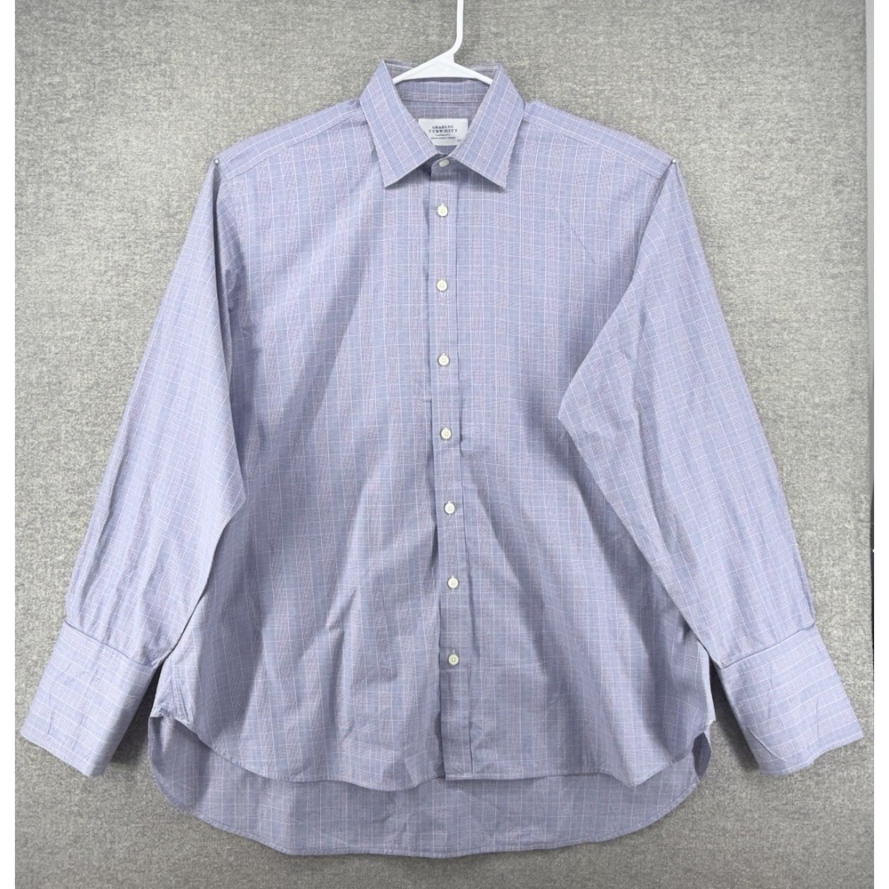 Charles Tyrwhitt Dress Shirt Men Size 18/37 Blue Plaid French Cuff Long Sleeve